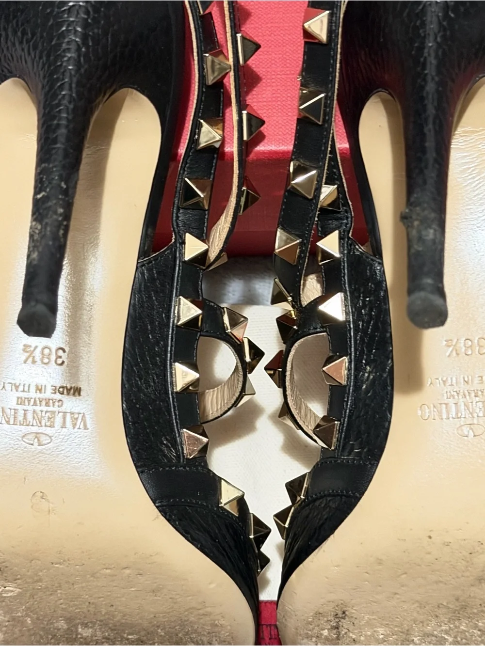 Valentino Black Leather Rockstud T-Strap Pointed Pumps